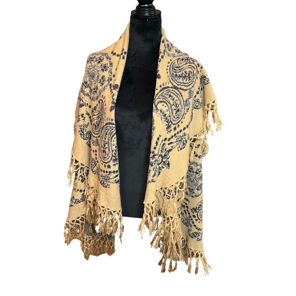 Vintage Acrylic‎ Vest/shaw Tan/Blue Fringe Small-Medium